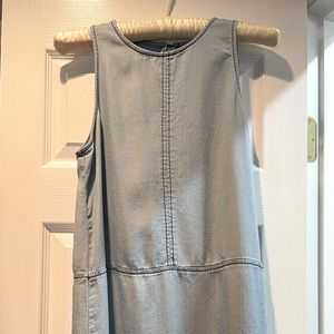 Thread and supply denim shift dress with distressed bottom
